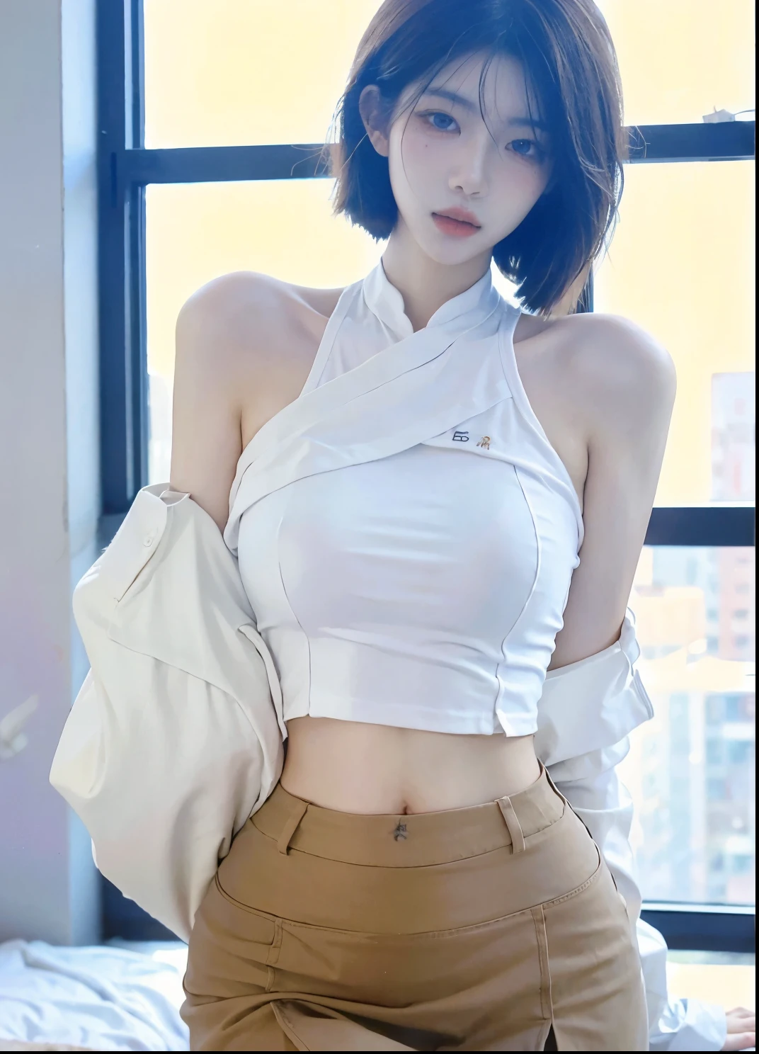 Beautiful woman with perfect figure:1.4，Ultra-high resolution，White background，（Realism:1.4)，Layered hairstyle，White skin，JK:1.5，Super short pleated skirt，whole body：1.4，Very delicate and skin texture，Double eyelids，Skin Whitening，Long hair，White hair
