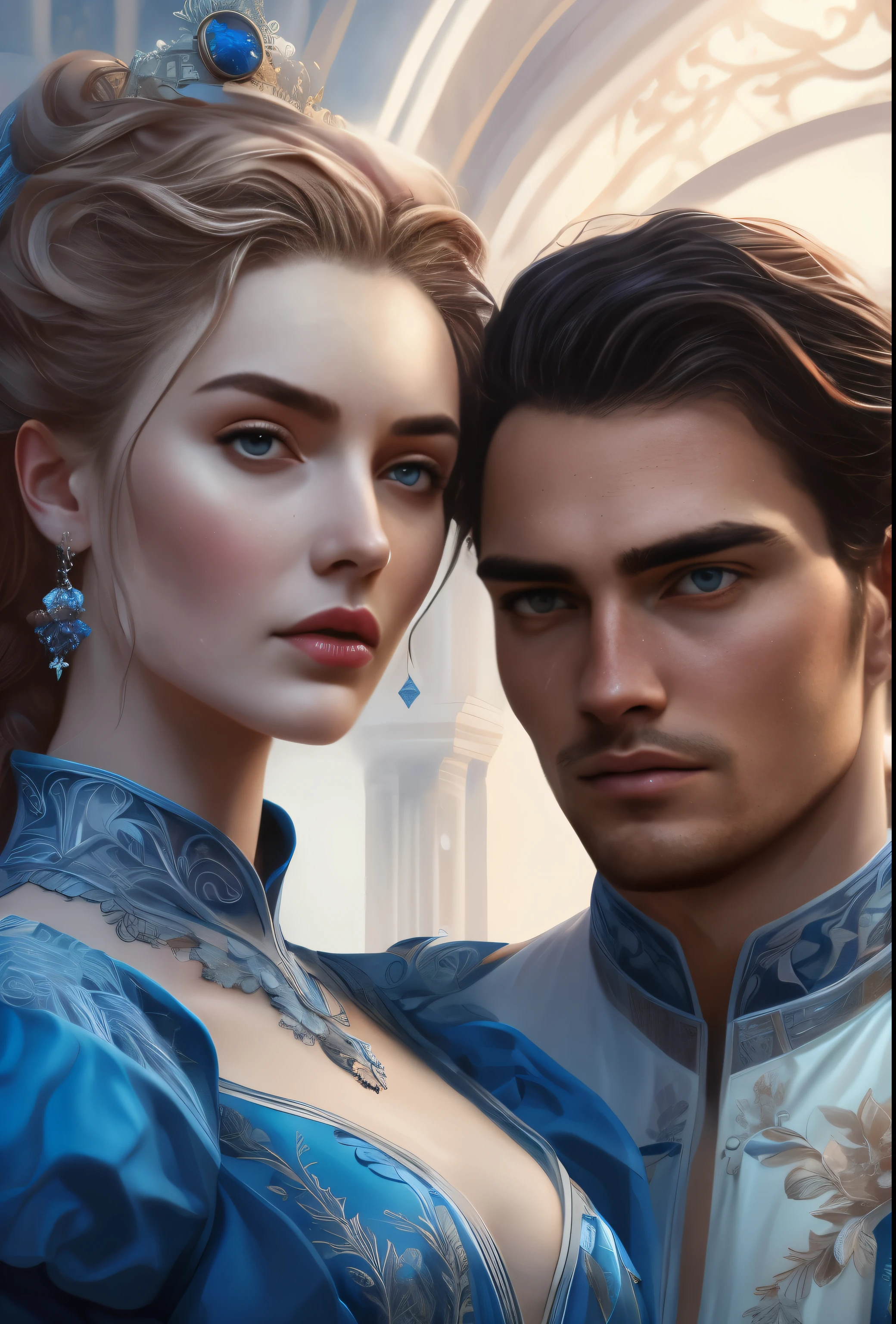 close-up of a man and a woman in a blue dress, Baile Real, European facial features, Charlie Bowater e Artgim, inspirou magali villeneuve, romance novel cover, magali villeneuve, magali villeneuve e Monet, artista gráfica magali villeneuve, magali villeneuve, Edmund Blair e Charlie Bowater, charlie bowater and artgerm