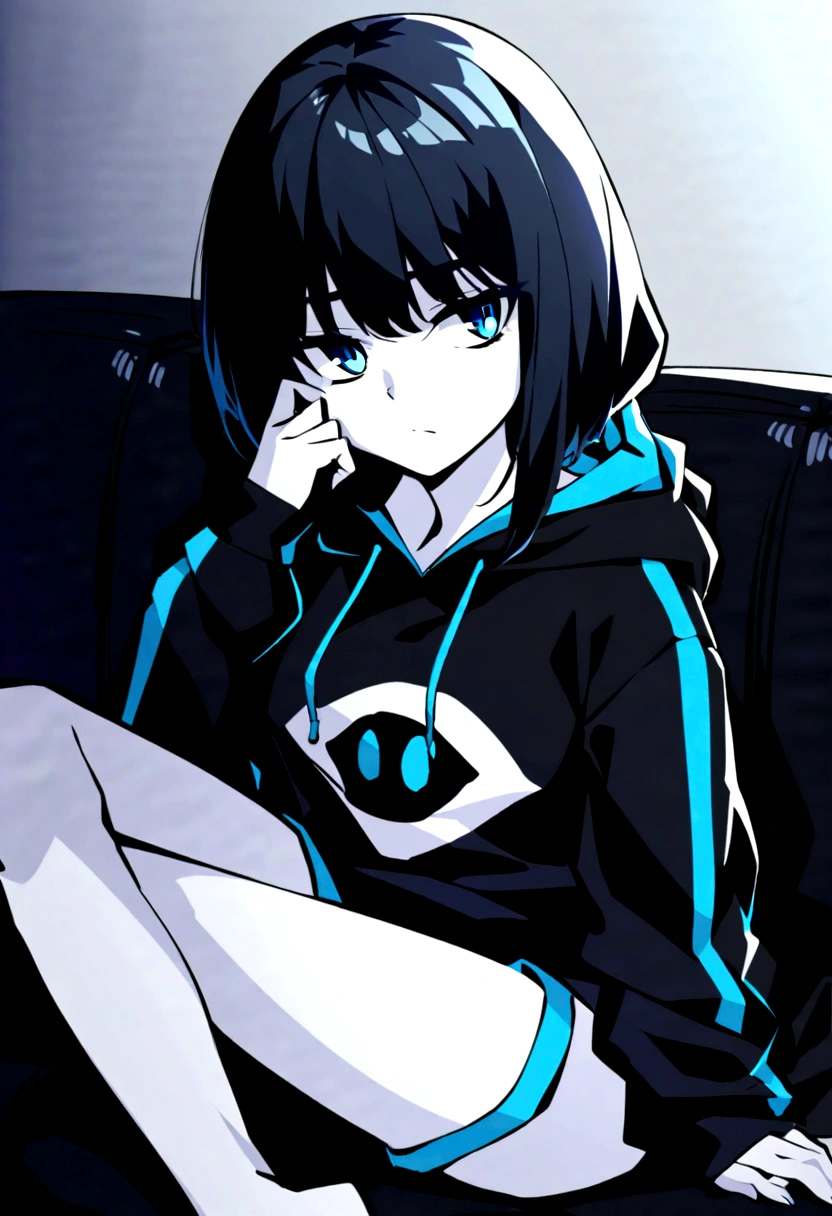 A girl with pale skin, bright cyan blue eyes and short black hair. She has dark circles under her eyes. She is wearing a black hooded sweatshirt and black oversized sweatpants. She is barefoot, and maintains a detached, indifferent, and bored expression on her face, as if she was bored, paying attention to nothing. She is sitting on a black sofa, in a bored way.