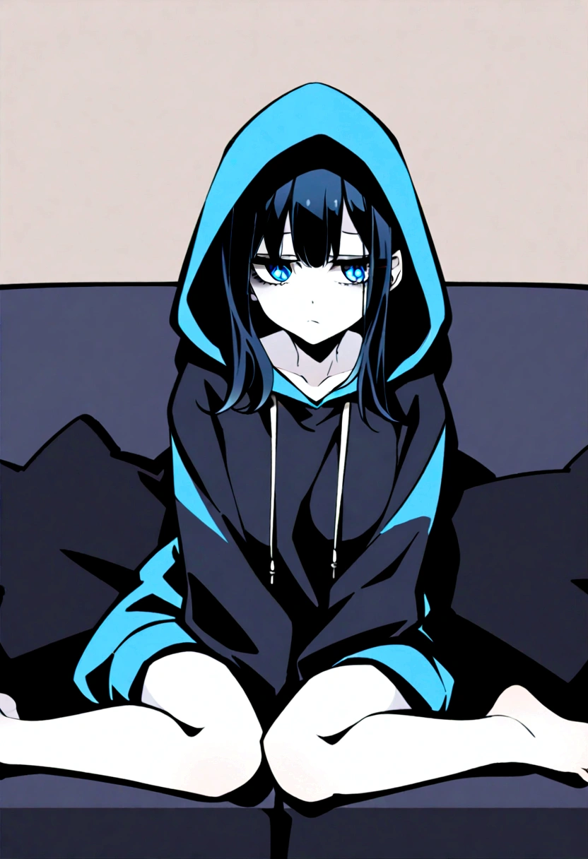 A girl with pale skin, bright cyan blue eyes and short black hair. She has dark circles under her eyes. She is wearing a black hooded sweatshirt and black oversized sweatpants. She is barefoot, and maintains a detached, indifferent, and bored expression on her face, as if she was bored, paying attention to nothing. She is sitting on a black sofa, in a bored way. 