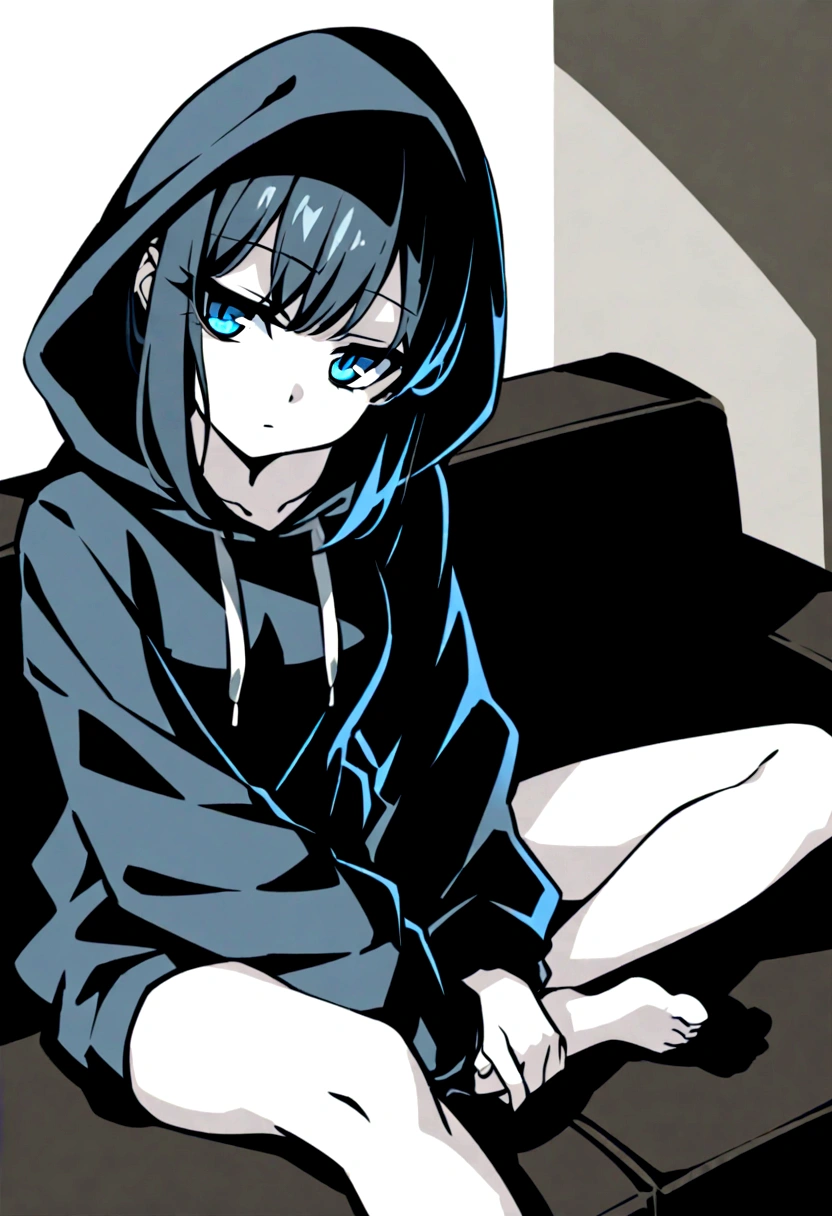 A girl with pale skin, bright cyan blue eyes and short black hair. She has dark circles under her eyes. She is wearing a black hooded sweatshirt and black oversized sweatpants. She is barefoot, and maintains a detached, indifferent, and bored expression on her face, as if she was bored, paying attention to nothing. She is sitting on a black sofa, in a bored way. 