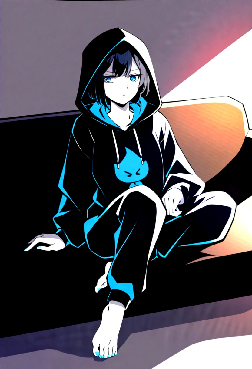 A girl with pale skin, bright cyan blue eyes and short black hair. She has dark circles under her eyes. She is wearing a black hooded sweatshirt and black oversized sweatpants. She is barefoot, and maintains a detached, indifferent, and bored expression on her face, as if she was bored, paying attention to nothing. She is sitting on a black sofa, in a bored way. 