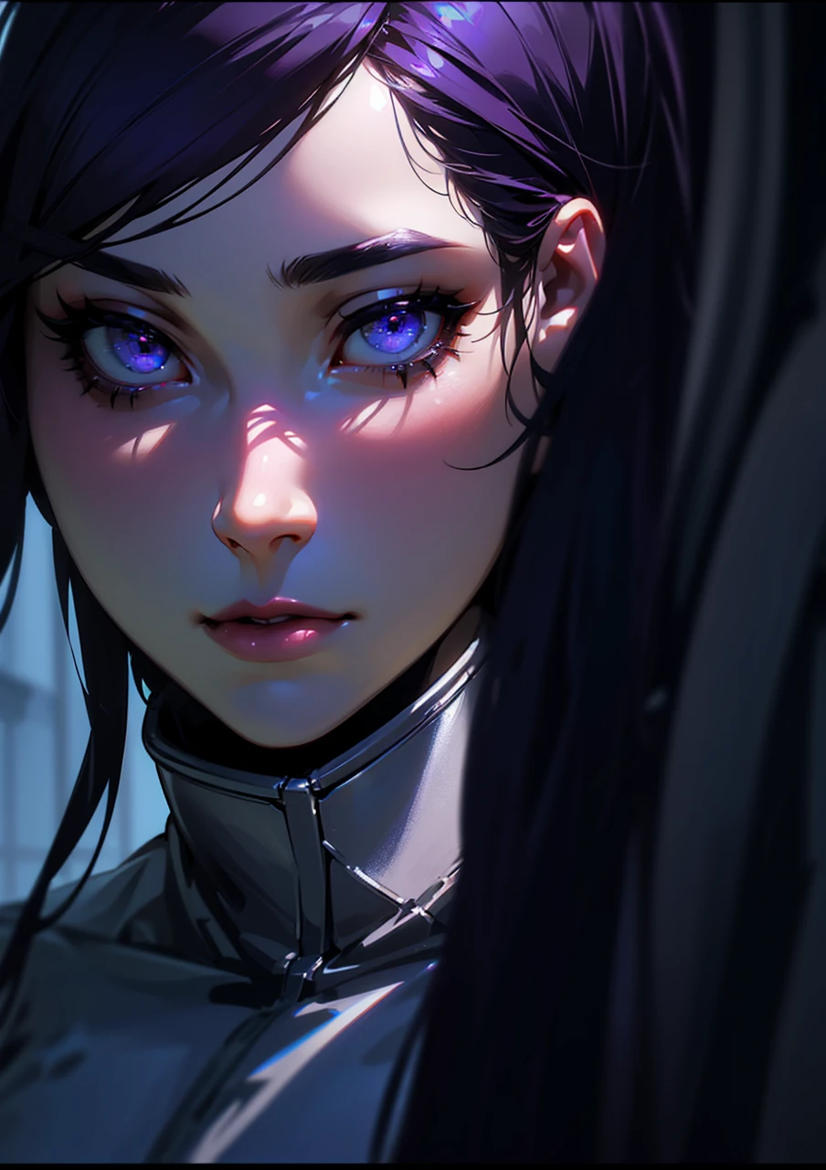 a beautiful girl with short white hair, purple mesh outfit, closeup of girl's face, beautiful detailed eyes, beautiful detailed lips, extremely detailed eyes and face, long eyelashes, photorealistic, hyper detailed, 8k, cinematic lighting, dramatic lighting, dramatic pose, sensual, erotic, mature content, explicit sexual content, (best quality,4k,8k,highres,masterpiece:1.2),ultra-detailed,(realistic,photorealistic,photo-realistic:1.37)
