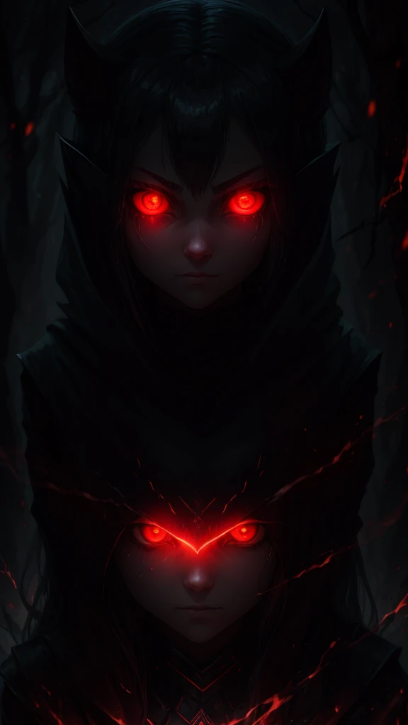 girl, glowing eyes, evil and scary, красный фон, крадется, когти, ворон рядом