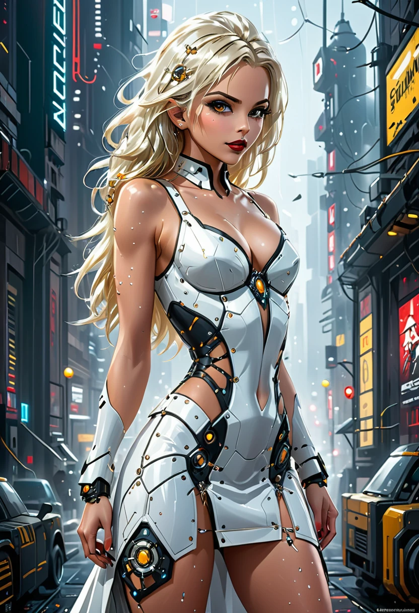 ((a photorealistic glamour shot of an exquisite, glamour mecha female vampire: 1.5)), ((full body: 1.3)), ultra feminine, pale face, golden hair, long vibrant shiny hair, glamorous hair,  red eyes, miniatures mechanical , deep penetrating eyes, red lips, lustful lips, ((two visible vampiric fangs: 1.5), drops of blood dripping from the mouth, ((cyberpunk style: 1.5)), she wears (white elegant glamour dress, with small delicate mechanical parts: 1.4), digital parts,  intricate details, the dress is studded with diamonds, tight suit, dynamic color, high heels, cyberpunk street at night background, (highest quality:1.2, Very detailed, up to date, Vibrant, Ultra-high resolution, High Contrast, masterpiece:1.2, highest quality, Best aesthetics), best details, best quality, highres, ultra wide angle, 16k, [ultra detailed], masterpiece, best quality, (extremely detailed), Genetically modified..., Cinematic Hollywood Film, nijimecha, aetherpunkai