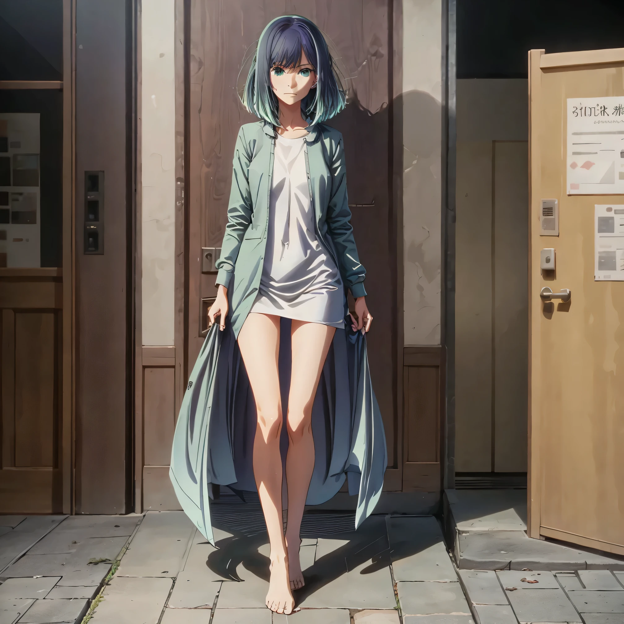 tall body, tall, long legs, mature woman, mature, adult, , eft_oshi_akane, alone, 1 girl, blue hair, looking at viewer, medium hair, bangs, closed mouth, green eyes, multicolored hair, short hair, faded hair, blue eyes, more details XL, Naked, without clothes, full body