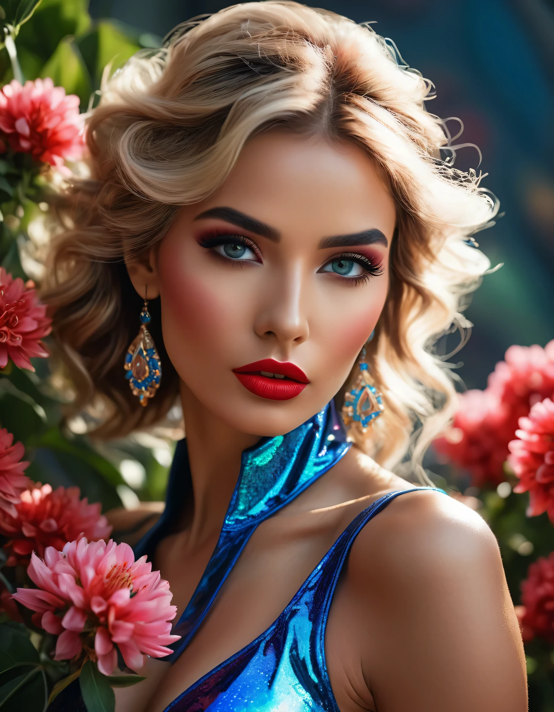 photorealistic Realism 8K, 16K Quality, fashion supermodel, (Glamour, paparazzi taking pictures of her), (ultra absurd quality, extremely detailed detail, hyper resolution, clear sharp focus, not blurry, (perfect round, Realistic brown eyes:1.15)), ((perfect dark_eyeshadows)), (super Detailed, beautiful little nose), (perfect composition), Depth of field, cinematic light, Lens flare, (extremely beautiful face, beautiful lips), pink_makeup:1.2, blue_eyeliner, red_lipstick:1.2,(perfect dark_eyeshadows), (super detailed professional makeup on eyes:1.3), (Detailed nose:1.2), Intricate detail face, best high quality real texture skin, (A woman with velvety skin), ((best high quality real texture hair)), (short blonde hair, (wavy, combed up, behind the ear), extremely detailed)), photo of the most beautiful artwork in the world, professional majestic (photography by Steve McCurry), 8k uhd, dslr, soft lighting, high quality, Fujifilm XT3 sharp focus, f 5.6, dramatic, (Anatomically correct perfect proportions), ((perfect hands:1.2)), ((perfect female body:1.4)), cute girl, ((firm and full breasts)), ((super beautiful cute sharp-face)), (light pale complexion), (blue, red, pink, flower clusters: 1.45), ((Beautiful girl with long legs and good style:1.25)), ((body shot to knees:1.3)),(dynamic pose:1.25),((Lively,Active,vivaciousness)),((no_Pantise)),(Erotic:1.33), (cowboy shot), break, ((printed flower clusters: 1.44)), ((iridescence holographic tight flower latex Clothing:1.3), intricate details:1.25)