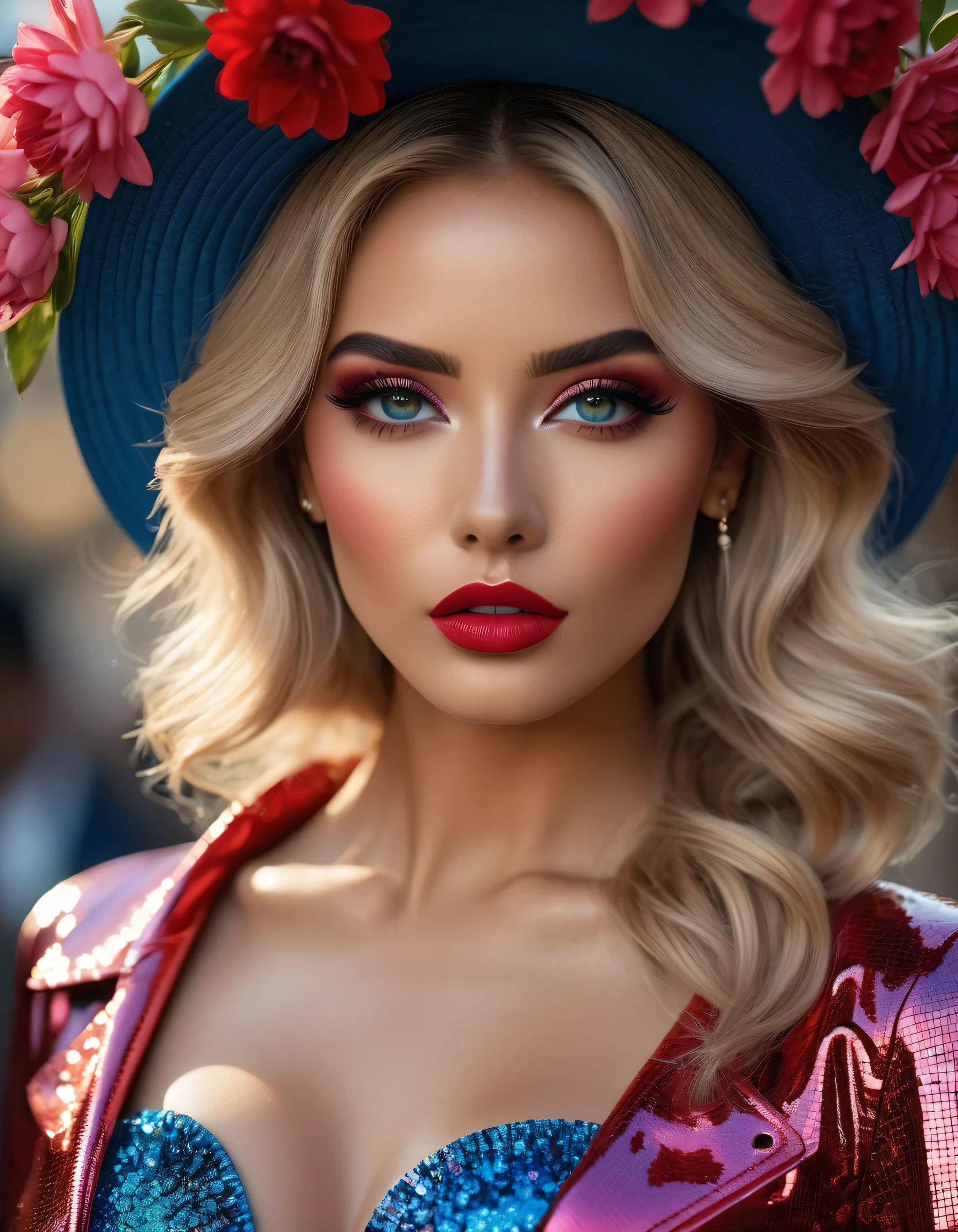 photorealistic Realism 8K, 16K Quality, fashion supermodel, (Glamour, paparazzi taking pictures of her), (ultra absurd quality, extremely detailed detail, hyper resolution, clear sharp focus, not blurry, (perfect round, Realistic brown eyes:1.15)), ((perfect dark_eyeshadows)), (super Detailed, beautiful little nose), (perfect composition), Depth of field, cinematic light, Lens flare, (extremely beautiful face, beautiful lips), pink_makeup:1.2, blue_eyeliner, red_lipstick:1.2,(perfect dark_eyeshadows), (super detailed professional makeup on eyes:1.3), (Detailed nose:1.2), Intricate detail face, best high quality real texture skin, (A woman with velvety skin), ((best high quality real texture hair)), (short blonde hair, (wavy, combed up, behind the ear), extremely detailed)), photo of the most beautiful artwork in the world, professional majestic (photography by Steve McCurry), 8k uhd, dslr, soft lighting, high quality, Fujifilm XT3 sharp focus, f 5.6, dramatic, (Anatomically correct perfect proportions), ((perfect hands:1.2)), ((perfect female body:1.4)), cute girl, ((firm and full breasts)), ((super beautiful cute sharp-face)), (light pale complexion), (blue, red, pink, flower clusters: 1.45), ((Beautiful girl with long legs and good style:1.25)), ((body shot to knees:1.3)),(dynamic pose:1.25),((Lively,Active,vivaciousness)),((no_Pantise)),(Erotic:1.33), (cowboy shot), break, ((printed flower clusters: 1.44)), ((iridescence holographic tight flower latex Clothing:1.3), intricate details:1.25)
