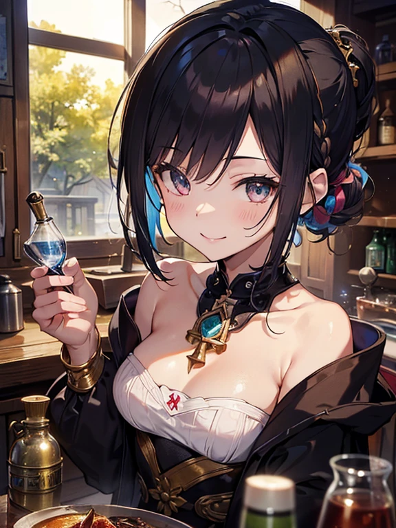 (fantasy:1.5),(anime,8k,masterpiece, top quality, best quality,beautiful and aesthetic:1.2,professional illustrasion:1.1,ultra detail:1.3,perfect lighting),extremely detailed,highest detailed,incredibly absurdres , highres, ultra detailed,intricate:1.6,(Alchemy Workshop:1.4),A girl mixing,Medicine in many small bottles,holding small potion,colorful:1.4,zentangle,(1girl),(girl),(Three kingdoms female warload),(highly detailed beautiful face and eyes,firm breasts),oily skin,(black,hair,short bob with short pony tail hair)),thin pubic hair,cute,lovely,34 years old,alchemist costume,Merchant's Clothing,smile,in the kitchen,smile,seductive smiling,(with sparkling eyes and a contagious smile), Looking at Viewer,