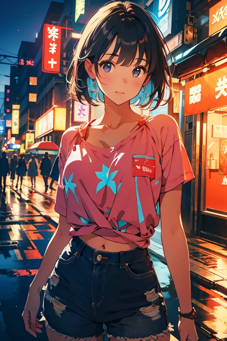 (Raw photo:1.2), (Photorealistic), Beautiful detailed girl, Very detailed eyes and face, Beautiful detailed eyes, Huge file size, High resolution, Very detailed, Best Quality, [masterpiece:1.6], Illustration, Very detailed, Fine detail, Best Quality, 32K Wallpaper, perfect Lighting, Masterpiece, animerealistic, Top quality, Ultra high definition, Maximum resolution, Very detailed, Professional lighting, kabedon pov, looking at viewer, smug, girl is so high, girl is feeling fine, 1girl, girl in big city, neon city, standing on the street, purple neon city, psychedelic colors, black short hair, bob cut, red shirt, black pants, slander girl, glowing eyes, very happy, psychedelic neon city, girl on drugs, light neon psychedelic blooms,