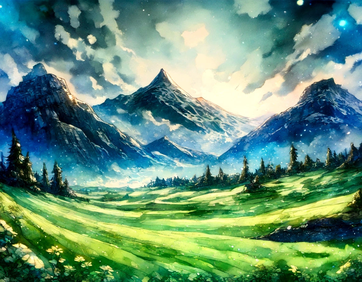 A colorful fantasy beautiful day grass sky with towering mountains in the distance,lush forests, An expansive open field below under blue cloudy skies