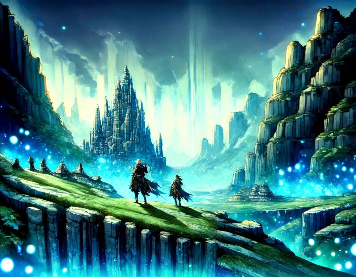A colorful fantasy beautiful day grass sky with towering mountains in the distance,lush forests, An expansive open field below under blue cloudy skies  