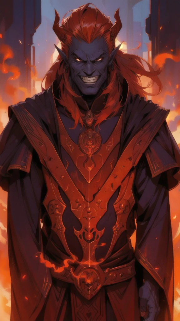 (exciting comic book style: 1.3), (man), (male)portrait, an infernal with ((Red skin))(elegant smile, teeth. 1.2), messy red hair, pointy ears, small horns, crown of fire and medallions, noble black velvet dress, surrounded by fog, orange and red backlight, steam, (charismatic prankster), strong and complex light, contrasting shadows, in front of a chaotic portal.
