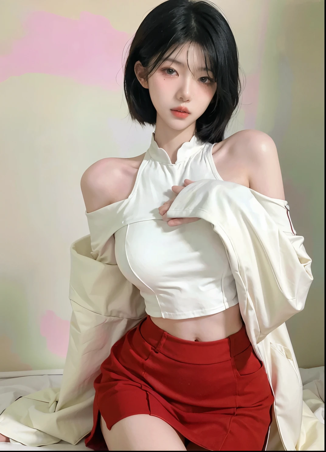 Beautiful woman with perfect figure:1.4,Ultra-high resolution,White background,(Realism:1.4),Layered hairstyle,White skin,JK:1.5,Super short pleated skirt,whole body:1.4,Very delicate and skin texture,Double eyelids,Skin Whitening,Long hair,White hair