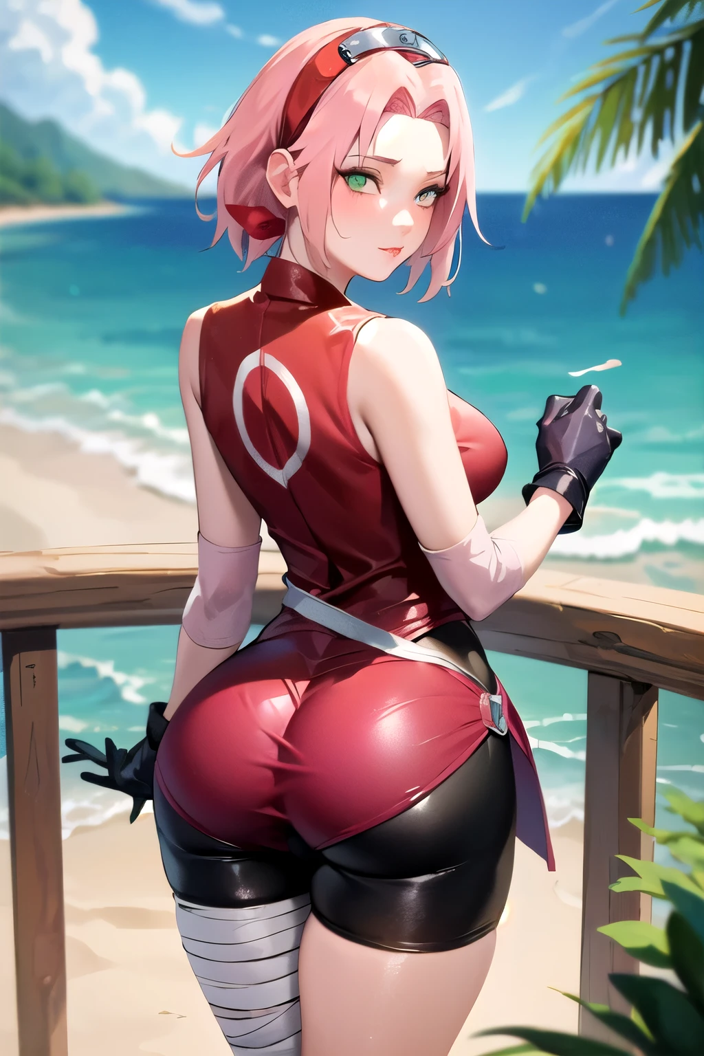 4k, clear art, masterpiece, crisp, best quality, 1girl,1girl,haruno sakura, pink hair, short hair, green eyes, bike shorts, black gloves, hairband, sleeveless, bandages, ass focus, view from behind, looking back, looking at viewer, sea, sand, tropical island background, sexy, seductive