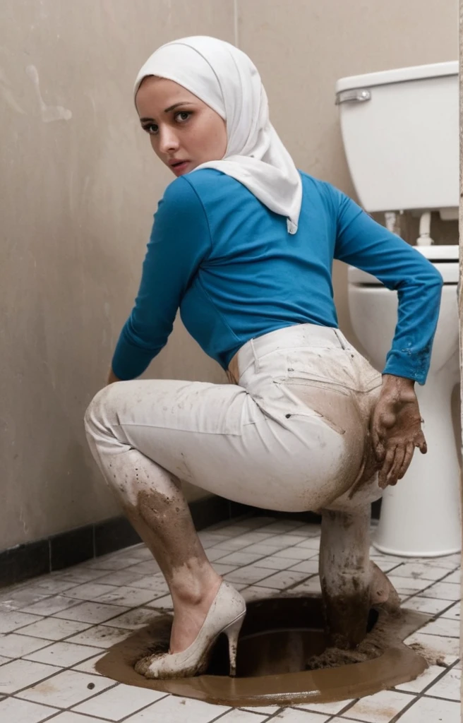 Ultra-realistic, 4k, 1girl, hot cute face, pretty face, cute eyes, skinny body, wearing white hijab, white chino pants, tight long sleeve blue business shirt, white heels, nervous facial expressions, very sweaty, both hands on ass, in dirty dark public toilet, near the toilet, dirty toilet walls, dirty toilet floor, dirty toilet, dirty clothes, sweaty clothes, (((make the whole image filthy and dirty))), (((mud on the floor and mud overflowing from toilet bowl))), stinky atmosphere, filthy atmosphere, mud everywhere, mud on face, mud on pants, disgusting toilet,