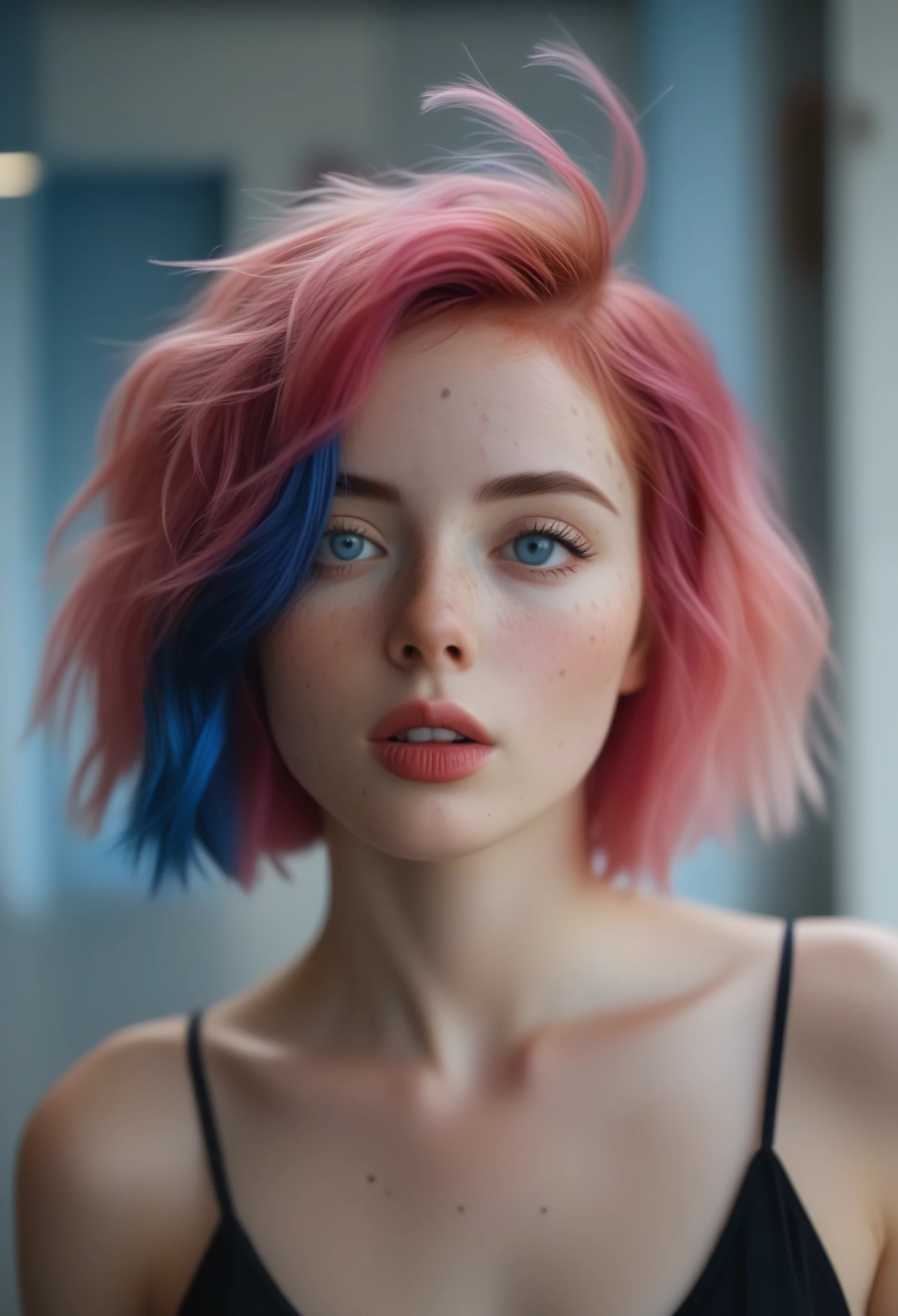 cinematic still bellissima, 1girl, solo, short hair, blue eyes, pink hair, red hair, parted lips, teeth, blurry, lips, blurry background, messy hair, portrait, freckles, realistic . emotional, harmonious, vignette, 4k epic detailed, shot on kodak, 35mm photo, sharp focus, high budget, cinemascope, moody, epic, gorgeous, film grain, grainy, (masterpiece), (best quality), (ultra-detailed)