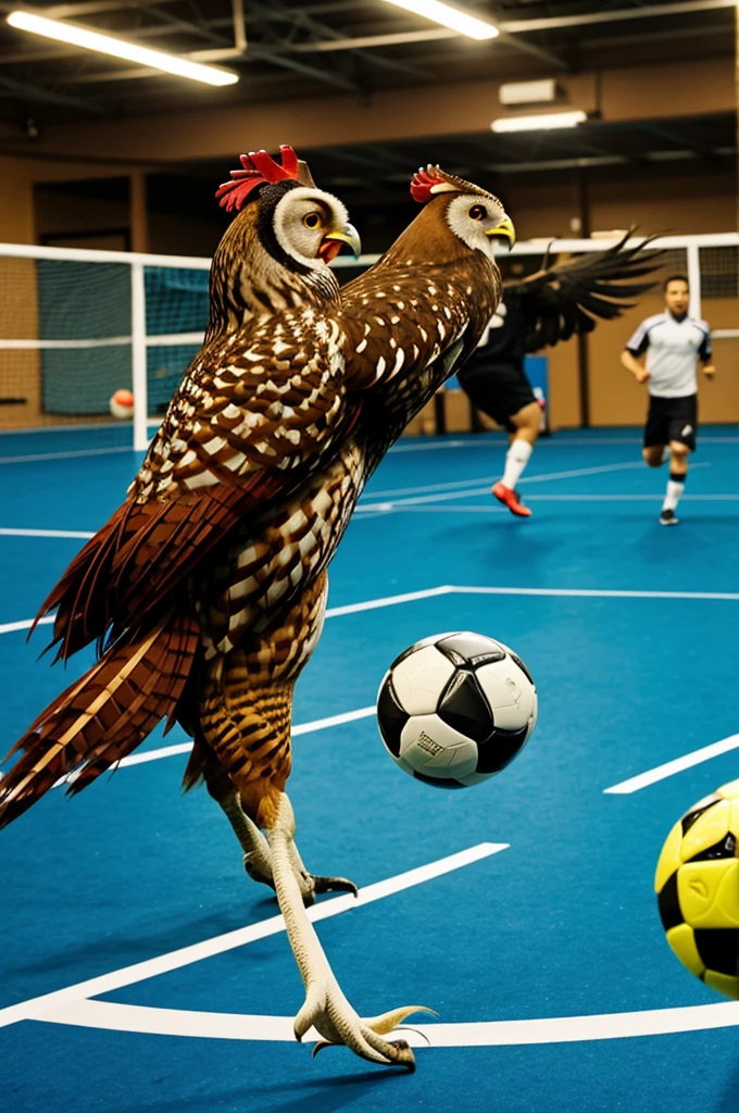 A rooster beating an owl in indoor soccer