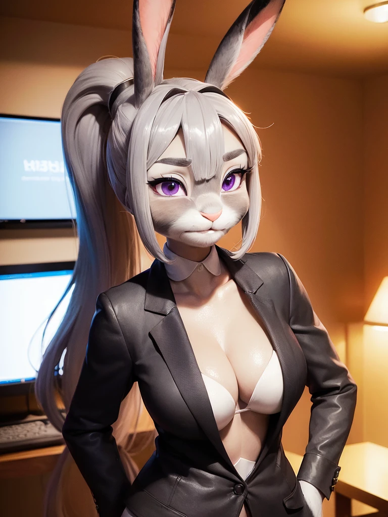 best quality,
masterpiece,
hyper Realistic,
ultra-detailed,
beautiful detailed,
4K,8K,High level,
PIXAR,
Photo real,
Portrait,
Looking at the audience,
background is an office,
Realistic lighting,
((anthropomorphic rabbit)),
detailed animals,
Complex patterns,
(furry:1.5),
(Whole skin is gray:1.4),
(body is fluffy and bushy:1.3),
((human hands)),
(Face is JudyHopps:1.35),
{((long straight hair)), ((ponytail hair))},
wispy bangs, bangs,
purple eyes,
highlight on eyes,
crisp eyes,
sparkle in the eyes,
(rised eyebrows:1.2),
(Crescent Brows:1.3),
(rabbit ears:1.1),
Smile,
Big Smile,
Innocent smile,
raised corners of mouth,
office lady is wearing suit,
((White blouse)) BREAK ((Black blazer)) BREAK ((Black pants)),
clothes made of wool,
((She is blushing in the cheeks)),
((Looks excited)),
(solo:1.5),
(1 lady:1.5),
one character only
alone,
Perfect Anatomy,
highlight,
sunlight,
daylight,