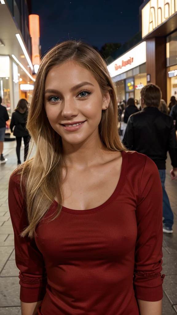 Lily Bowman), posing, modeling, with red casual outfit design, full body, mall, in the night, sexy smile, best quality, blur night background with Green Eyes, , Ultra Realistic, Meticulously Detailed, Portrait, Blonde Hair and Big Eyes, Selfie of a Young Woman, Green Eyes, No Makeup, Natural Makeup, Looking Directly at the Camera, face artgram, subtle make-up, Impressive photo, stand, with sexy smile, Medium and large size chest, allowing the face to be seen clearly, mall, night