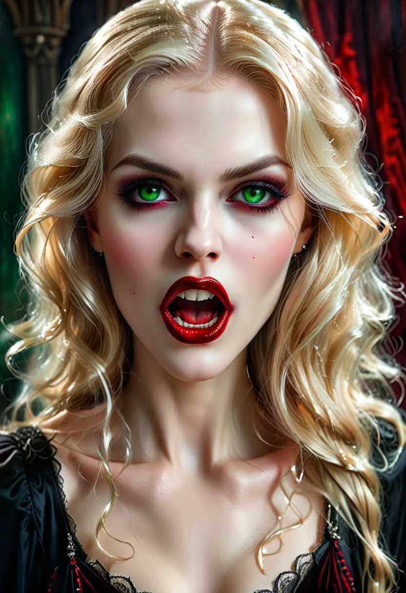 ((a photorealistic portrait of an exquisite, glamour female vampire: 1.5)) , pale face, blond hair, long vibrant shiny hair, glamorous hair, emerald green eyes, deep penetrating eyes, red lips, lustful lips, ((two vampiric fangs: 1.5), drops of blood dripping from the mouth, ((1920's style: 1.5)), (highest quality:1.2, Very detailed, up to date, Vibrant, Ultra-high resolution, High Contrast, masterpiece:1.2, highest quality, Best aesthetics), best details, best quality, highres, ultra wide angle, 16k, [ultra detailed], masterpiece, best quality, (extremely detailed), Genetically modified..., Cinematic Hollywood Film, traditional watercolor painting