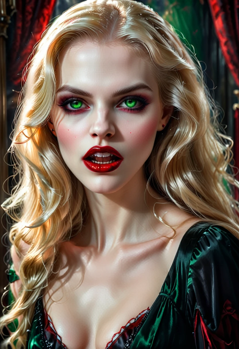 ((a photorealistic portrait of an exquisite, glamour female vampire: 1.5)) , pale face, blond hair, long vibrant shiny hair, glamorous hair, emerald green eyes, deep penetrating eyes, red lips, lustful lips, ((two vampiric fangs: 1.5), drops of blood dripping from the mouth, ((1920's style: 1.5)), (highest quality:1.2, Very detailed, up to date, Vibrant, Ultra-high resolution, High Contrast, masterpiece:1.2, highest quality, Best aesthetics), best details, best quality, highres, ultra wide angle, 16k, [ultra detailed], masterpiece, best quality, (extremely detailed), Genetically modified..., Cinematic Hollywood Film, traditional watercolor painting