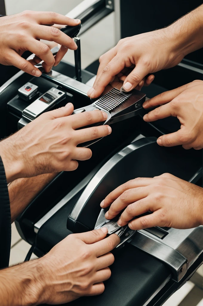 Create a logo that works for a barbershop where there are two hands touching the palms as if they were subtracting but in the middle of the hands there is a hair cutting machine and add some letters that say "barber el boss