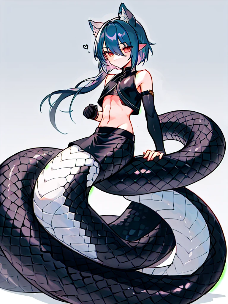 (lamia:1.0), scales, full body, emo, 1boy, black snake tail, crop top