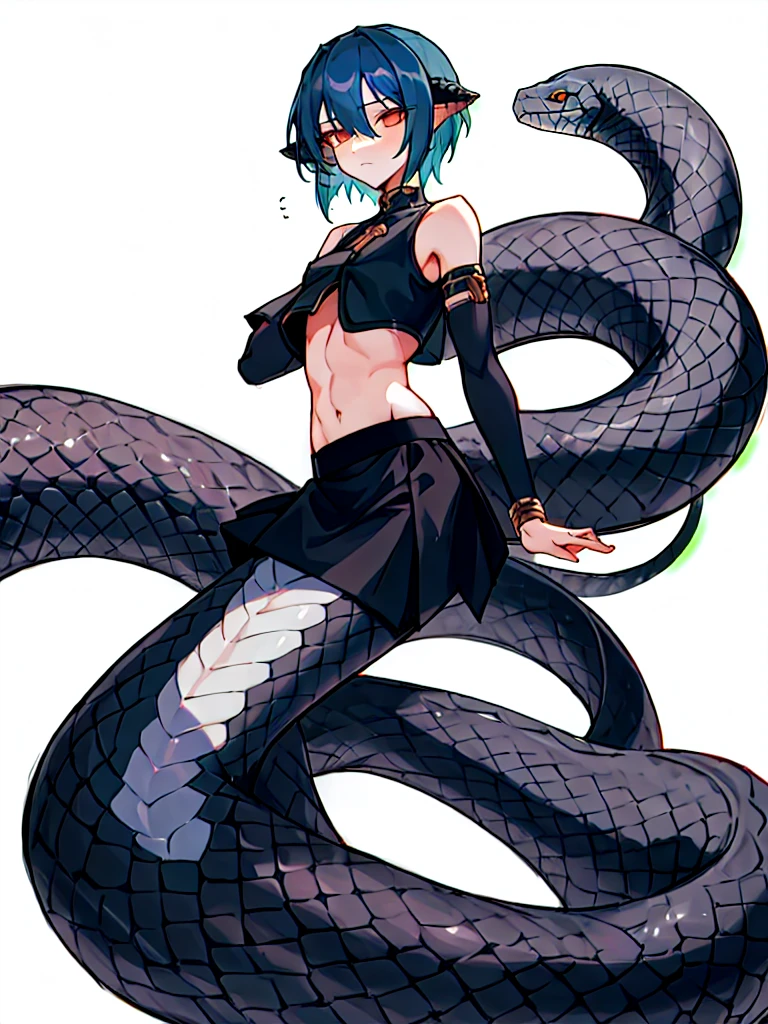 (lamia:1.0), scales, full body, emo, 1boy, black snake tail, crop top, skirt, cute, Femboy