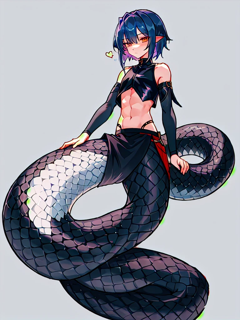 (lamia:1.0), scales, full body, emo, 1boy, black snake tail, crop top, skirt, cute, Femboy