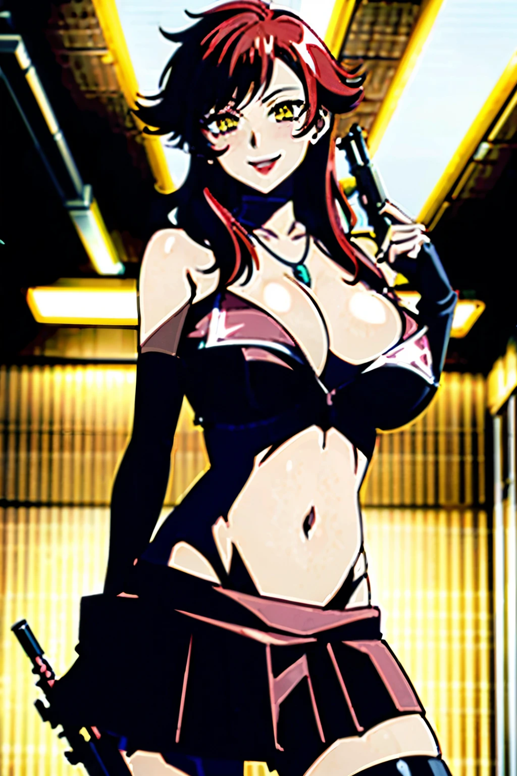 nena trinity, red hair, yellow eyes, gloves , blush,
lipstick, masterpiece, best quality, ((unbuttoned , cleavage, necklace, earrings, sexy body, breasts)) , micro skirt, smiling, navel , exposed belly, exposed navel,,school, knot, classroom , holding a gun, hold a gun,