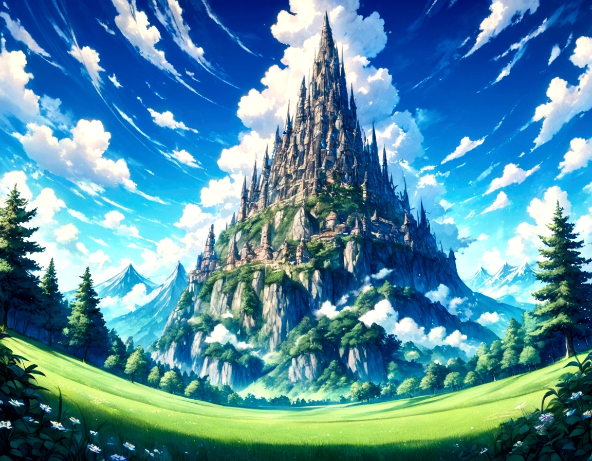 A colorful fantasy beautiful day grass sky with towering mountains in the distance,lush forests, An expansive open field below under blue cloudy skies