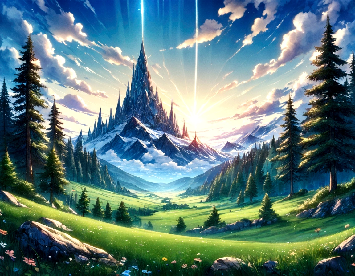 A colorful fantasy beautiful day grass sky with towering mountains in the distance,lush forests, An expansive open field below under blue cloudy skies