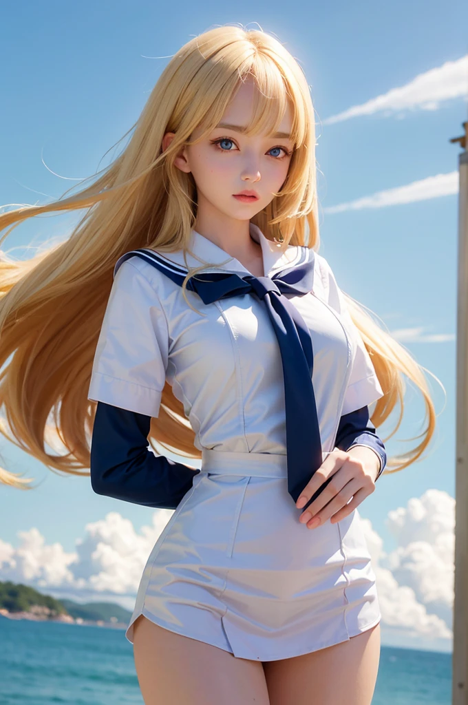 Bust shot, sailor suit, , beautiful girl with perfect beautiful face, shiny shiny white shiny skin with firmness, bangs between eyes, under blue sky, very long and straight shiny beautiful baby blonde, super long straight hair, eyeliner, sexy and beautiful 17 years old, clear beautiful light blue big eyes, beautiful and bright girl