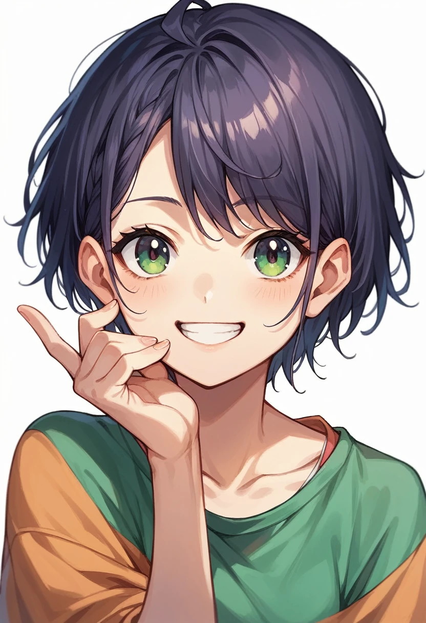 best quality, official art, kuruminha, 1girl, smile, portrait, white background, hand to face
