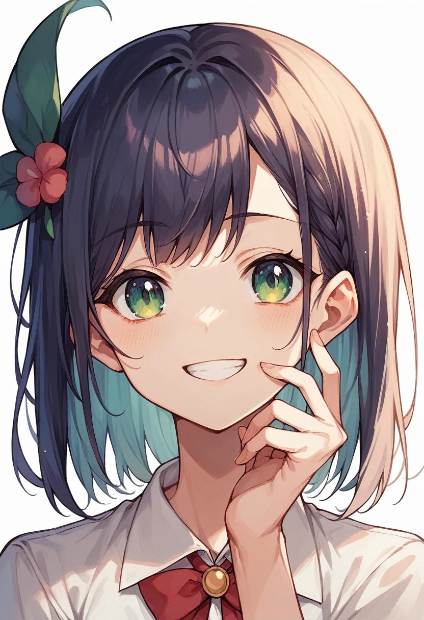 best quality, official art, kuruminha, 1girl, smile, portrait, white background, hand to face