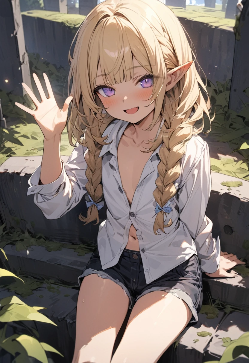 ((Masterpiece)), ((best quality)), (Anime:1.4), (super detail:1.2), (High Definition:1.3), (Professional Photography:1.3), (wide shot), (sharp focus), (perfect light), ((12 years old)), (1girl), cute young girl, (nauhty smile), open mouth, glitter eyes, (Beautiful purple eyes:1.2), (dark skin), elf girl, ((white buttoned shirts)), undress buttoned shirts, , cute navel, exposed neck and Beautiful collarbone, (Healthy slim body), (loose blunt bangs), loose braids hair, (medium hair), ((beautiful blond hair)), short shorts, BREAK, ((best quality)), sitting on the grave, (waving hand), ((in the Mossy graveyard)), (super detail:1.2), sunnyday,