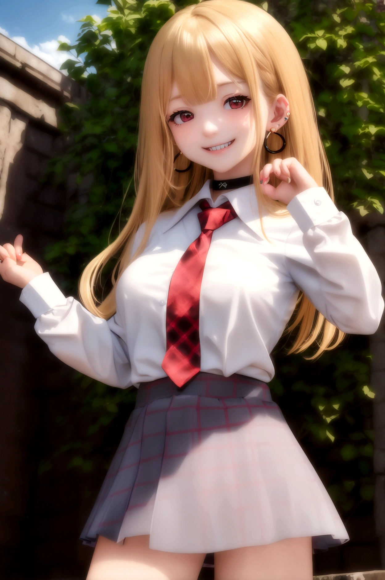 masterpiece, best quality, highres, kitagawa marin, 1girl, blonde hair, long hair, multicolored hair, red eyes, jewelry, earrings, piercing, , white shirt, tied shirt, black choker, blue necktie, plaid skirt, grin, smile, standing, cowboy shot, outdoors,