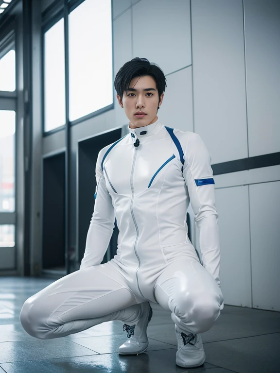 A handsome and refreshing 22-year-old Japanese man Short black hair cut Short hair man Powerful pose Future World Various instruments Science fiction A tight rubber sexy jumpsuit that is all white with blue accents Compression suit full body White gloves Texture Big Moccoli A photo taken looking up from a squatting position, looking directly at the camera Realistic images