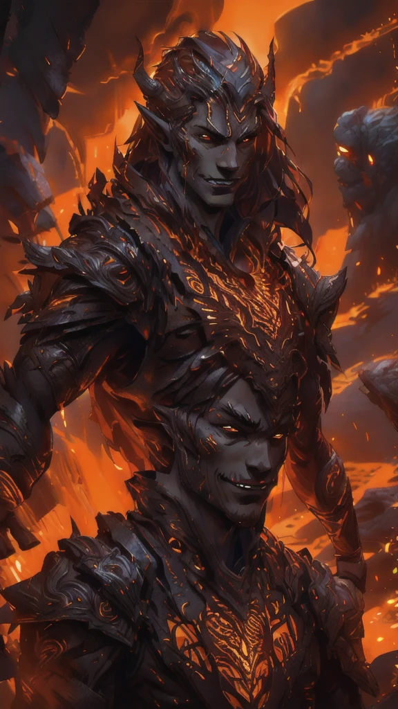 (exciting comic book style: 1.3), (man), (male)portrait, an infernal with ((Red skin))(elegant smile, teeth. 1.2), messy red hair, pointy ears, small horns, crown of fire and medallions, noble black velvet dress, surrounded by fog, orange and red backlight, steam, (charismatic prankster), strong and complex light, contrasting shadows, in front of a chaotic portal.