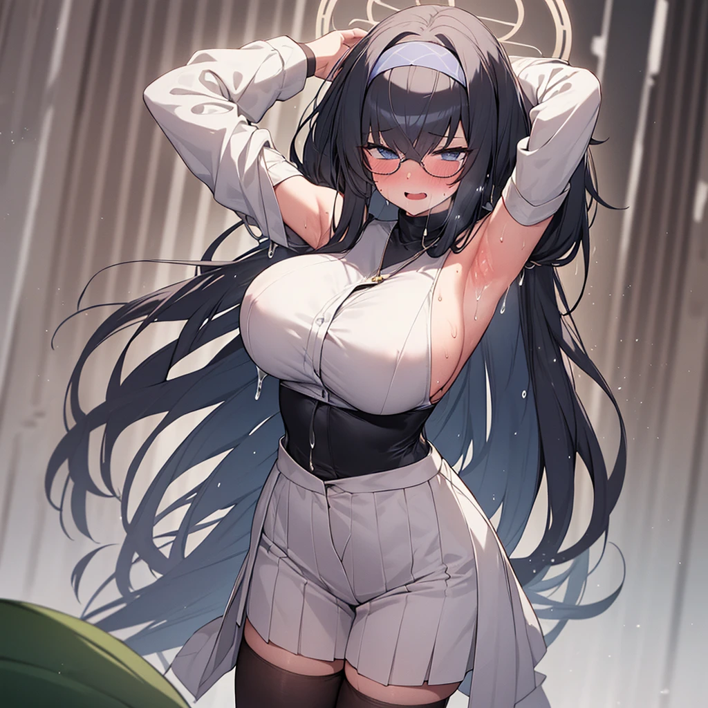 (NSFW), (Ultra Real), (illustration), (high resolution), (8k), (Very detailed), (Best illustration), (Beautiful detailed eyes), (Best Quality), (super detailed), (Masterpiece), (wallpaper), (detailed face), Alone, (dynamic pose, 1 girl,beautiful, blush, big breasts, Central division, arm up, armpits, sweat, show armpits. library. library background round glasses, panting, (excited), screaming with pleasure, mientras shows her vagina abierta, huge breasts, big breasts, cow breasts, big thighs, putting a cucumber in her vagina, he is sweating a lot, pain face, (white liquid all over the body), (white liquid in the vagina), shows her vagina, squirt, squirt, (urinating), (orinando)