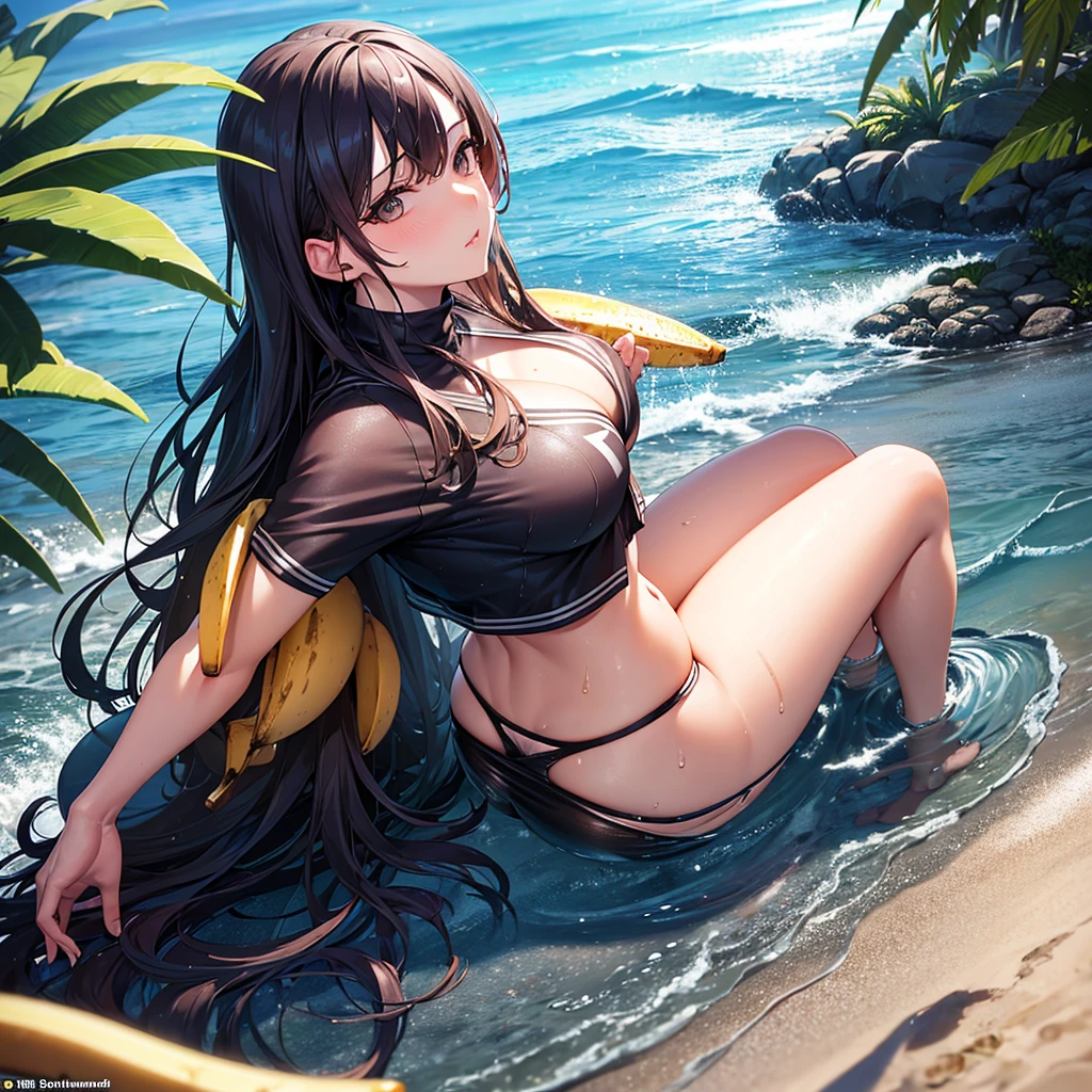 ultra realistic, wet skirt, tight bikini, model, heated in beach, eat banana, sit in banana, full body, bottom up back sit view