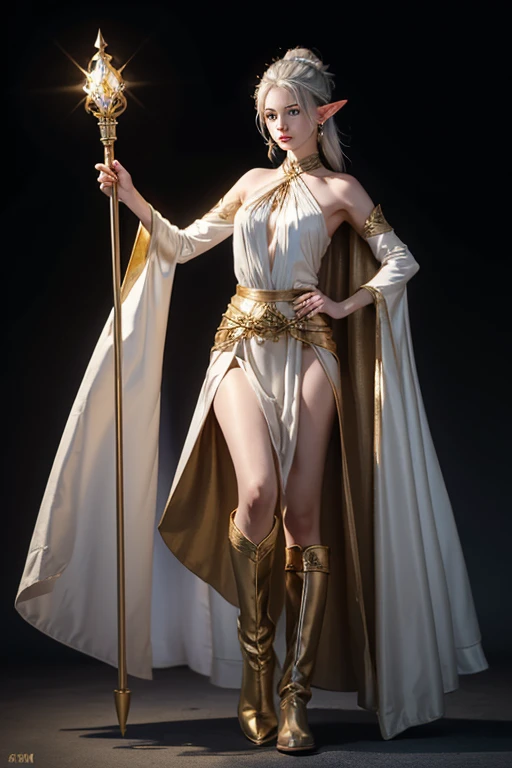 Make the Frieren, an elf mage, silver hair and blue eyes, she wears a white toga with gold bars, on the shoulders there is a kind of cape in the colors of the toga, , and she wears black pants, and brown leather boots, She ties her hair on both sides of her head, and has red earrings, frieren has a golden scepter with red jewels at the tip and is a 1 year old elf.,50m