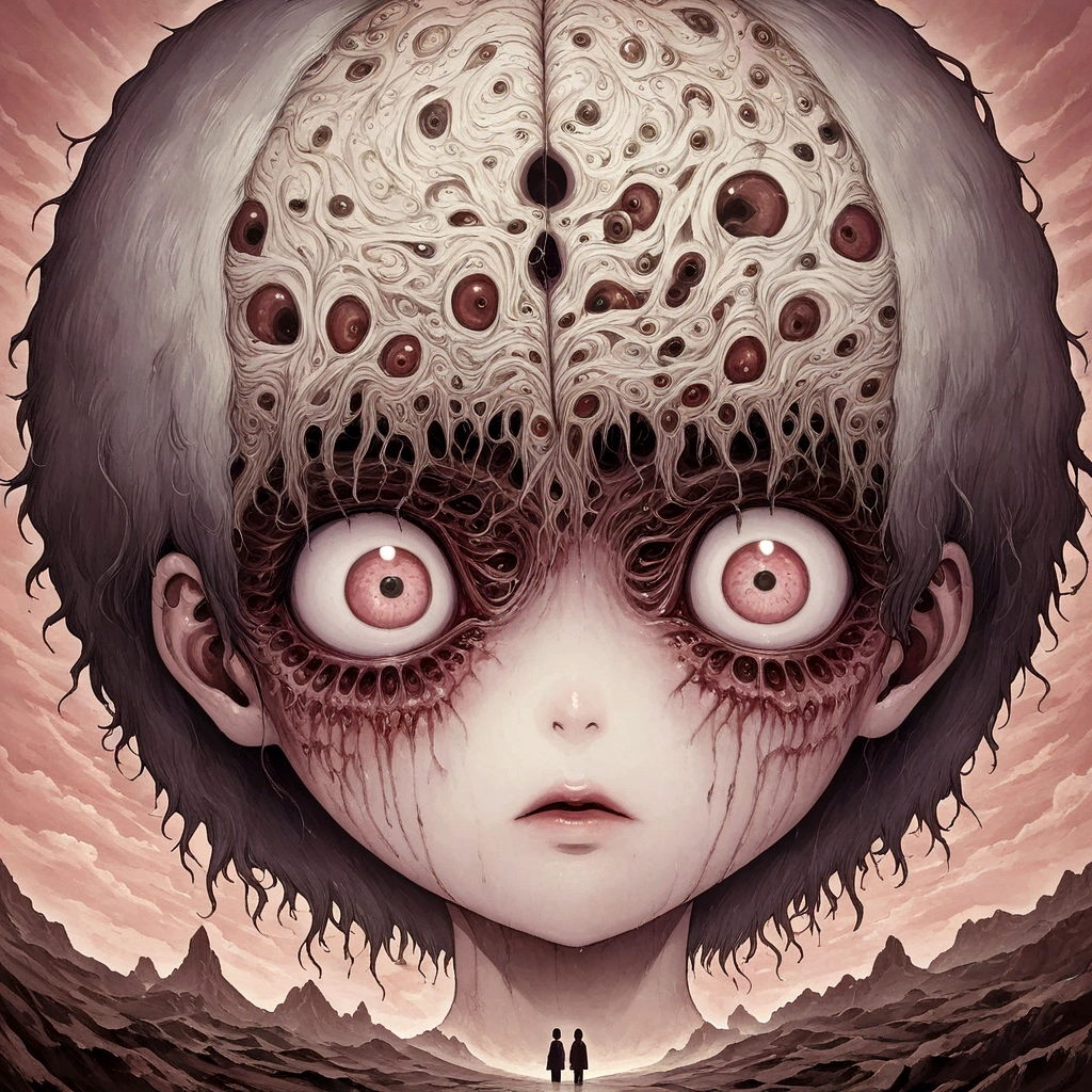 close-up, surreal, a shintaro kago, a school girl, horror anime, horror manga, Surrealism etc