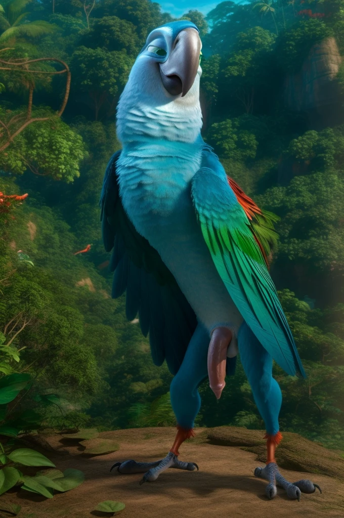 ((NSFW, sexual)), rio movie, jungle landscape, felipe a male Scarlet macaw avian, ((anthro)), human body, furry, feathered arms, ((exposing tapering penis, testicles)), standing, green eyes, smug attitude, realistic, digitigrade legs, detailed eyes