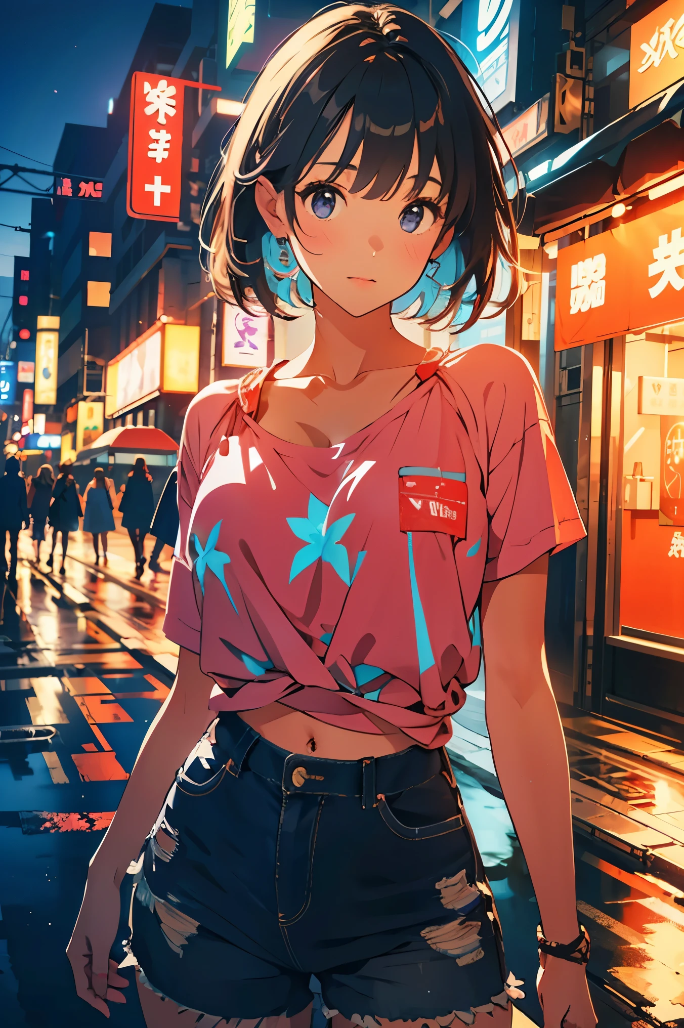 (Raw photo:1.2), (Photorealistic), Beautiful detailed girl, Very detailed eyes and face, Beautiful detailed eyes, Huge file size, High resolution, Very detailed, Best Quality, [masterpiece:1.6], Illustration, Very detailed, Fine detail, Best Quality, 32K Wallpaper, perfect Lighting, Masterpiece, animerealistic, Top quality, Ultra high definition, Maximum resolution, Very detailed, Professional lighting, kabedon pov, looking at viewer, smug, girl is so high, girl is feeling fine, 1girl, girl in big city, neon city, standing on the street, purple neon city, psychedelic colors, black short hair, bob cut, red shirt, black pants, slander girl, glowing eyes, very happy, psychedelic neon city, girl on drugs, light neon psychedelic blooms,
