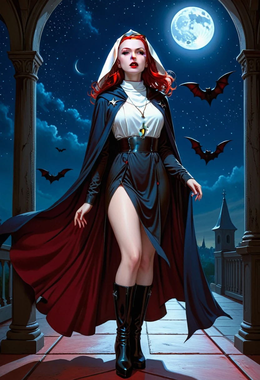 a picture of an exquisite beautiful female (nun: 1.3) vampire standing under the starry night sky on the porch of her monastary, action shot, dynamic angle (ultra detailed, Masterpiece, best quality), ultra detailed face (ultra detailed, Masterpiece, best quality), ultra feminine, (pale skin: 1.3), red hair, wavy hair, dynamic eyes color, cold eyes, glowing eyes, intense eyes, dark red lips, ((fangs: 1.1)), wearing white nun habit (ultra detailed, Masterpiece, best quality), wearing (blue cloak: 1.3) (ultra detailed, Masterpiece, best quality), long cloak, flowing cloak (ultra detailed, Masterpiece, best quality), wearing (high heeled boots: 1.3), sky full of stars background, moon, bats flying about, action shot, high details, best quality, 16k, [ultra detailed], masterpiece, best quality, (ultra detailed), full body, ultra wide shot, photorealism, dark fantasy art, dark fantasy art, gothic art, many stars, dark fantasy art, gothic art, sense of dread,  GlowingRunesAI_red, Cinematic Hollywood Film style