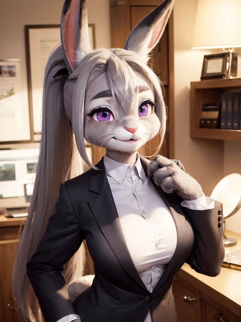 best quality,
masterpiece,
hyper Realistic,
ultra-detailed,
beautiful detailed,
4K,8K,High level,
PIXAR,
Photo real,
Portrait,
Looking at the audience,
background is an office,
Realistic lighting,
((anthropomorphic rabbit)),
detailed animals,
Complex patterns,
(furry:1.5),
(Whole skin is gray:1.4),
(body is fluffy and bushy:1.3),
((human hands)),
(Face is JudyHopps:1.35),
{((long straight hair)), ((ponytail hair))},
wispy bangs, bangs,
purple eyes,
highlight on eyes,
crisp eyes,
sparkle in the eyes,
(rised eyebrows:1.2),
(Crescent Brows:1.3),
(rabbit ears:1.1),
Smile,
Big Smile,
Innocent smile,
raised corners of mouth,
office lady is wearing suit,
((White blouse)) BREAK ((Black blazer)) BREAK ((Black pants)),
clothes made of wool,
((She is blushing in the cheeks)),
((Looks excited)),
(solo:1.5),
(1 lady:1.5),
one character only
alone,
Perfect Anatomy,
highlight,
sunlight,
daylight,