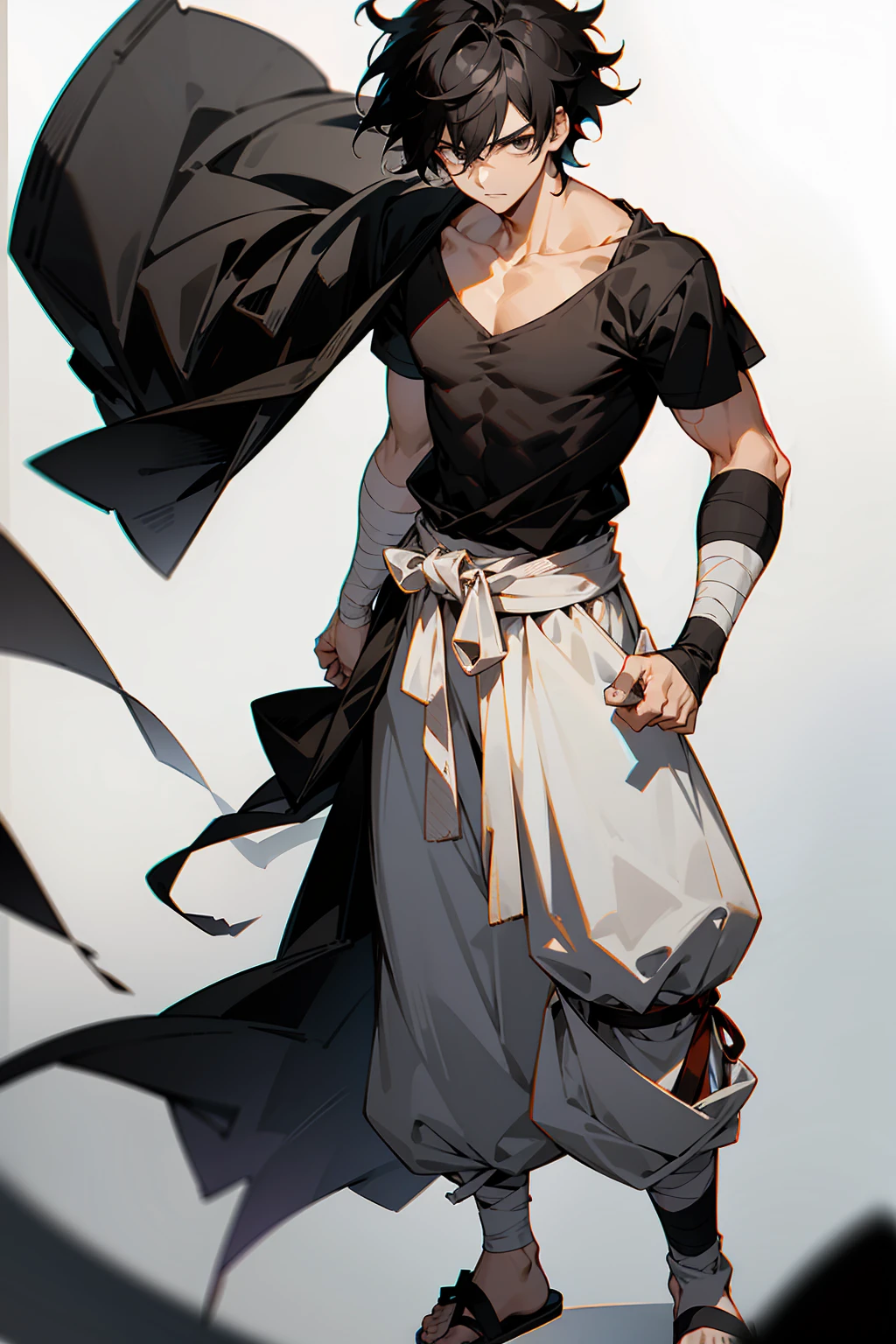 1male , Black Hair , Messy Hair , Low Cut Hair , Serious Expression , Young Male , Black Turtenek Fitted Shirt , Bandage Wrapped Arm , White Yukata around waist , Sandals , Perfect Generation , Black Eyes