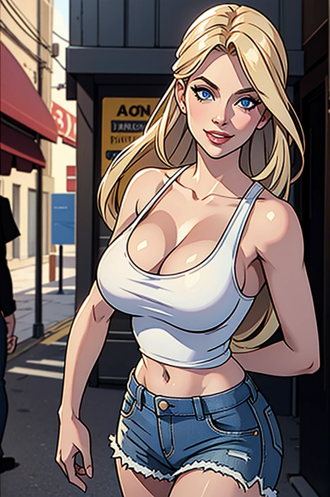A beautiful blonde haired blue eyed woman resembling like Anna Nicole Smith, 21 years old, with an extremely humongous bust, wearing white tank top showing the cleavage and ripped denim mini-short, smiling, seductive and walking through the streets of Lyon, photorealistic, 8k, highly detailed, dramatic lighting, cinematic composition, elegant fashion, glamorous, intricate details, hyper realistic